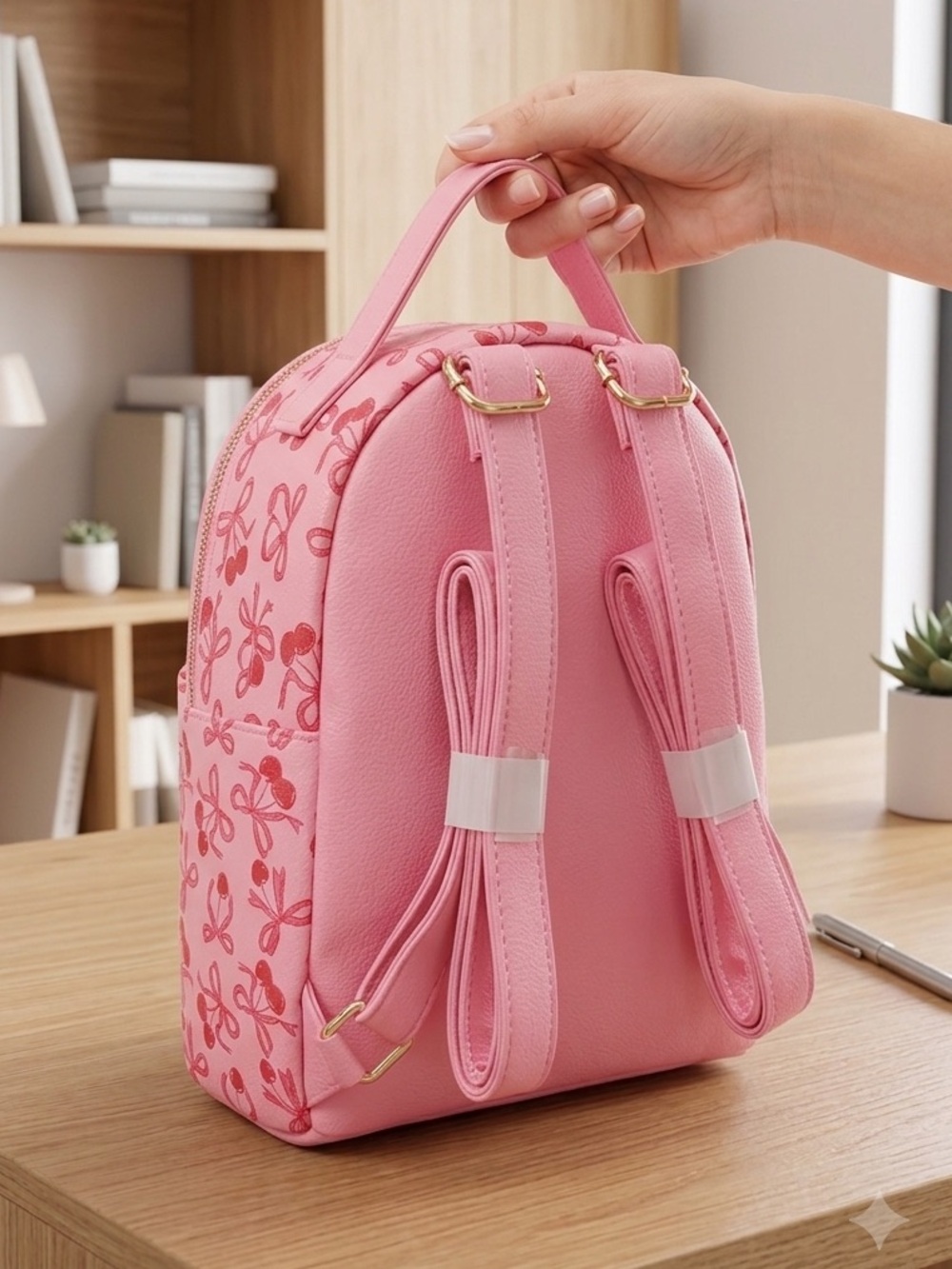 New Cherry Pink Mini Backpack Purse NWT With Cherry Rhinestone Bag Charm - Picture 5 of 5